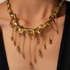 Unique Molten Golden & Gold Liquid Drops Pendant Statement Necklace
